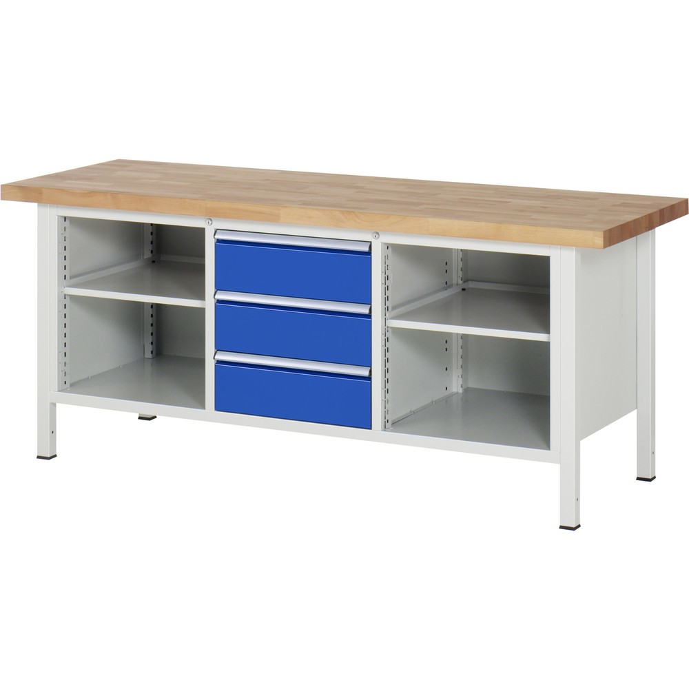 Immagine del prodotto: Banco da lavoro RAU serie 8000, 1 contenitore triplo, 2 ripiani, AxLxP 840-1.040 x 2.000 x 700 mm, 3 cassetti estraibili al 100%