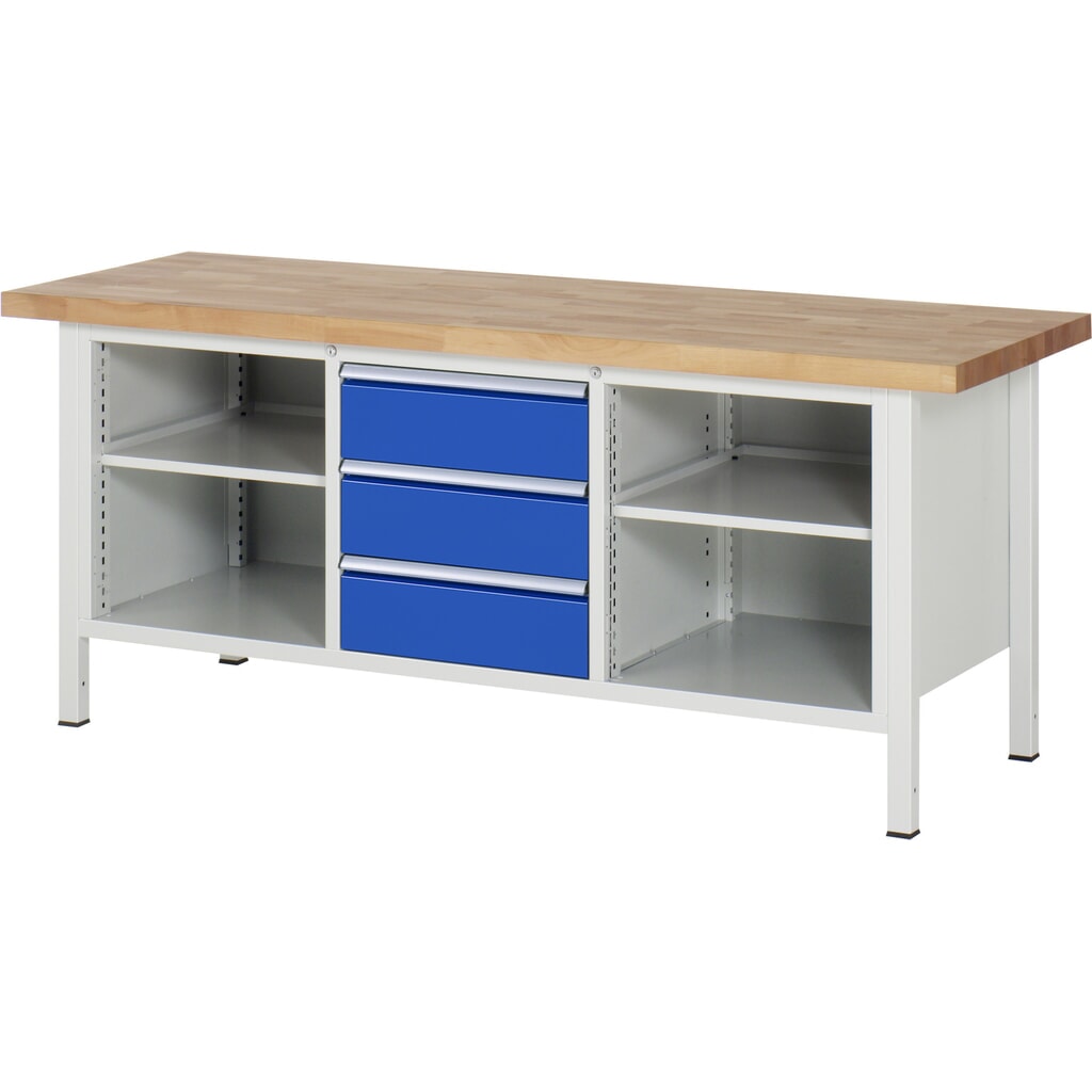 Immagine del prodotto: Banco da lavoro RAU serie 8000, 1 contenitore triplo, 2 piani di appoggio, AxLxP 840-1.040 x 2.000 x 700 mm, 3 cassetti estraibili al 90%
