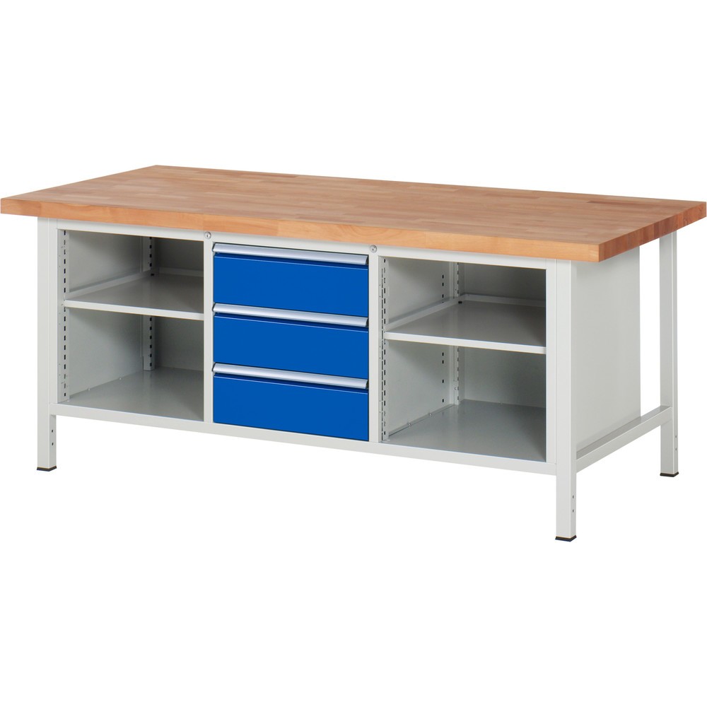 Immagine del prodotto n. 1: Banco da lavoro RAU serie 8000, 1 contenitore triplo, 2 ripiani, AxLxP 840 x 2.000 x 900 mm, 3 cassetti estraibili al 100%