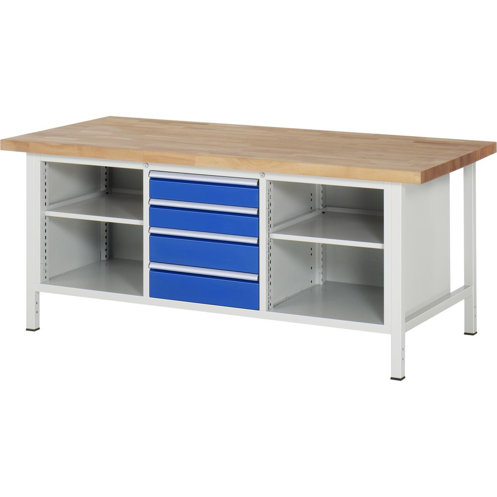 Immagine del prodotto n. 1: Banco da lavoro RAU serie 8000, 1 contenitore triplo, 2 piani di appoggio, AxLxP 840-1.040 x 2.000 x 900 mm, 4 cassetti estraibili al 90%, portata cassetti 100 kg