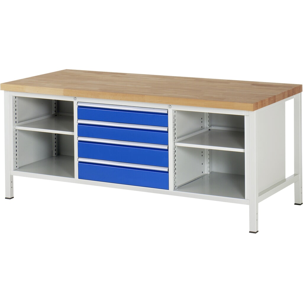Immagine del prodotto: Banco da lavoro RAU serie 8000, 1 contenitore triplo, 2 piani di appoggio, AxLxP 840 x 2.000 x 900 mm, 4 cassetti estraibili al 90%, portata cassetti 75 kg