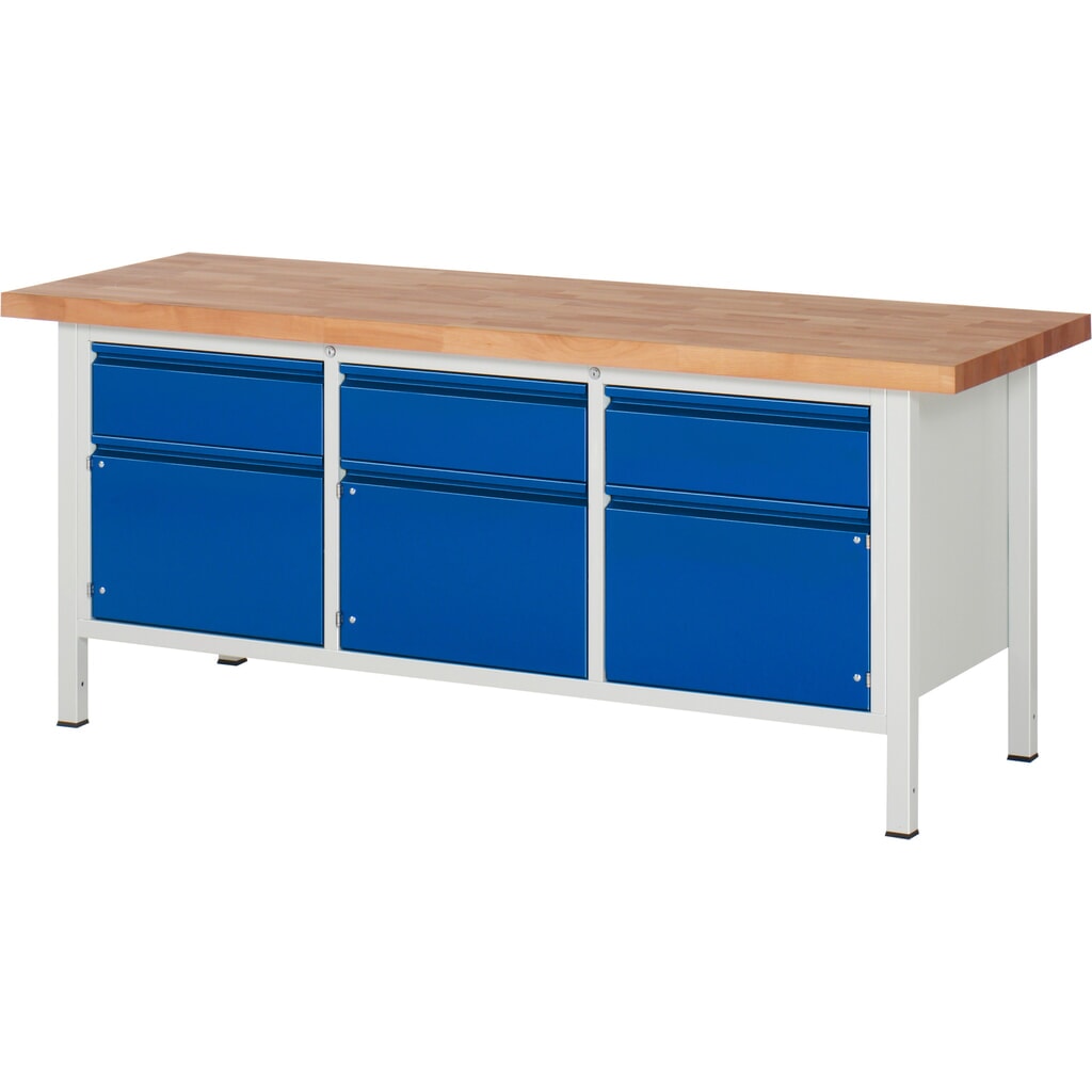 Immagine del prodotto: Banco da lavoro RAU serie 8000, 1 contenitore triplo, 3 ante battenti, AxLxP 840-1.040 x 2.000 x 700 mm, 3 cassetti, maniglia integrata