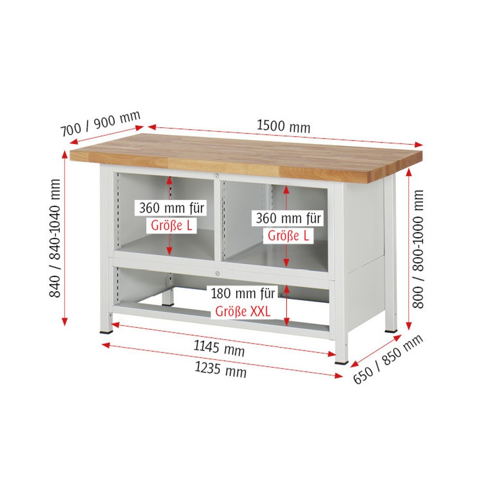 Immagine del prodotto n. 6: Banco da lavoro RAU serie 8000, 1 contenitore triplo, 1 anta battente, AxLxP 840-1.040 x 1.500 x 700 mm, 5 cassetti estraibili al 100%