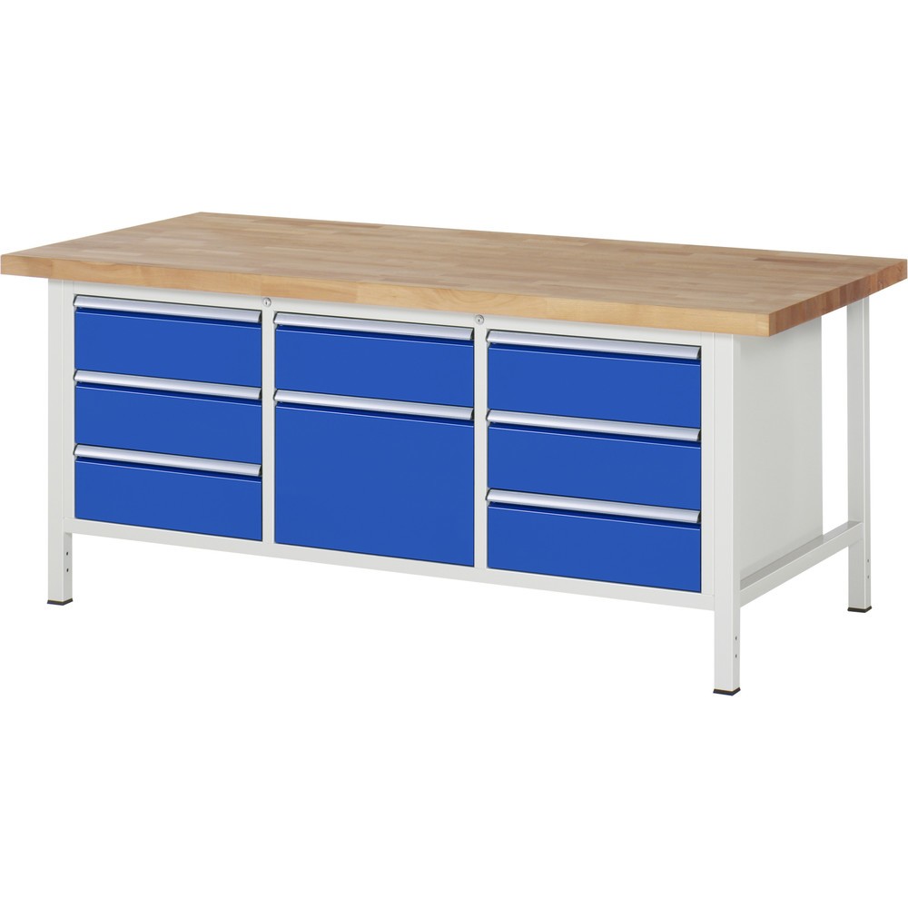 Immagine del prodotto n. 1: Banco da lavoro RAU serie 8000, 1 contenitore triplo, AxLxP 840 x 2.000 x 900 mm, 8 cassetti estraibili al 90% 7 x 180, 1 x 360 mm
