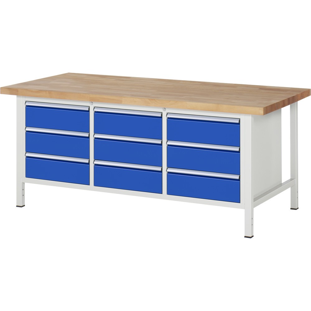 Immagine del prodotto: RAU Banco da lavoro Serie 8000, HxLxP 840-1.040 x 2.000 x 900 mm, 1 contenitore triplo nella base, con 9 cassetti