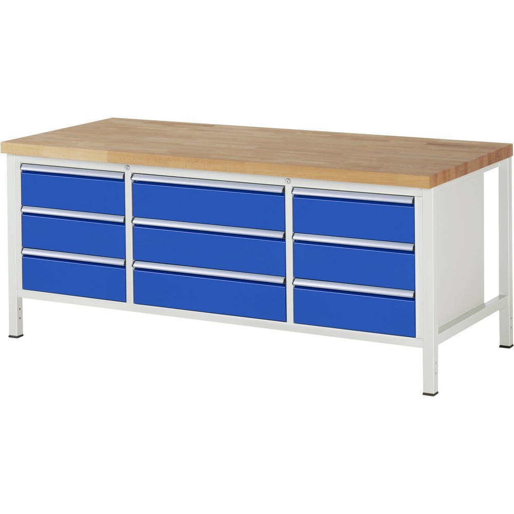 Immagine del prodotto n. 1: Banco da lavoro RAU serie 8000, 1 contenitore triplo, AxLxP 840-1.040 x 2.000 x 900 mm, 9 cassetti estraibili al 100% 9 x 180 mm, portata cassetti 75/100 kg