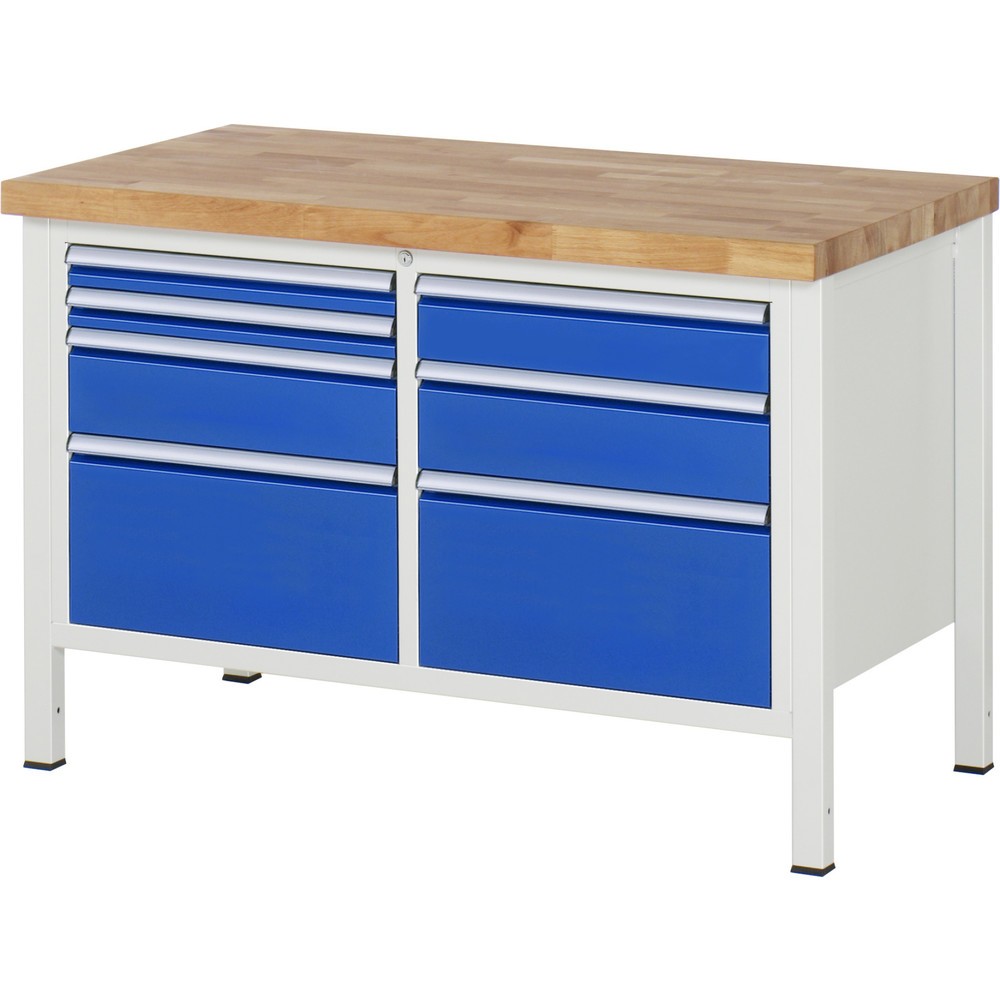 Immagine del prodotto n. 1: Banco da lavoro RAU serie 8000, 1 contenitore doppio, AxLxP 840-1.040 x 1.250 x 700 mm, 7 cassetti estraibili al 90%