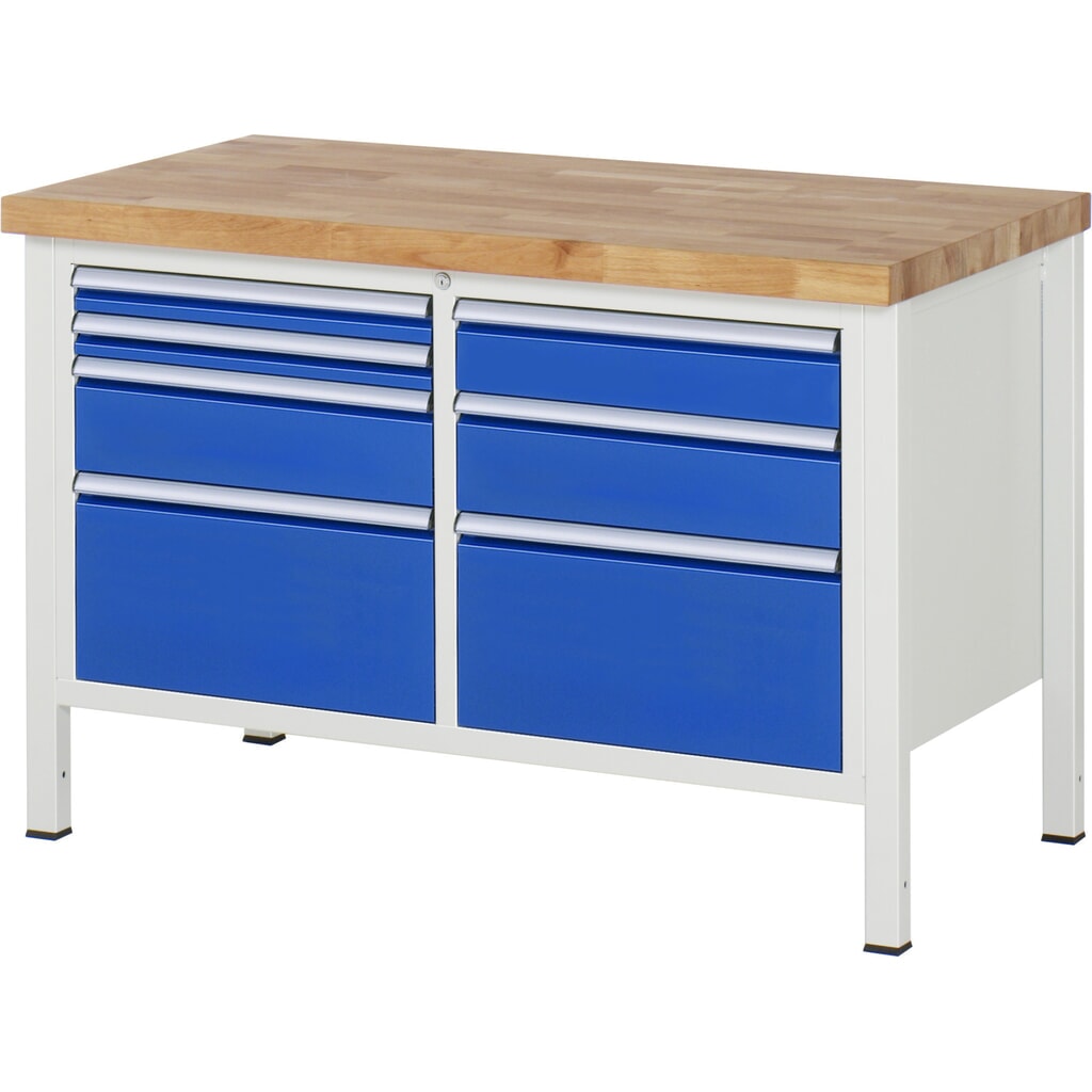 Immagine del prodotto: Banco da lavoro RAU serie 8000, 1 contenitore doppio, AxLxP 840-1.040 x 1.250 x 700 mm, 7 cassetti estraibili al 90%