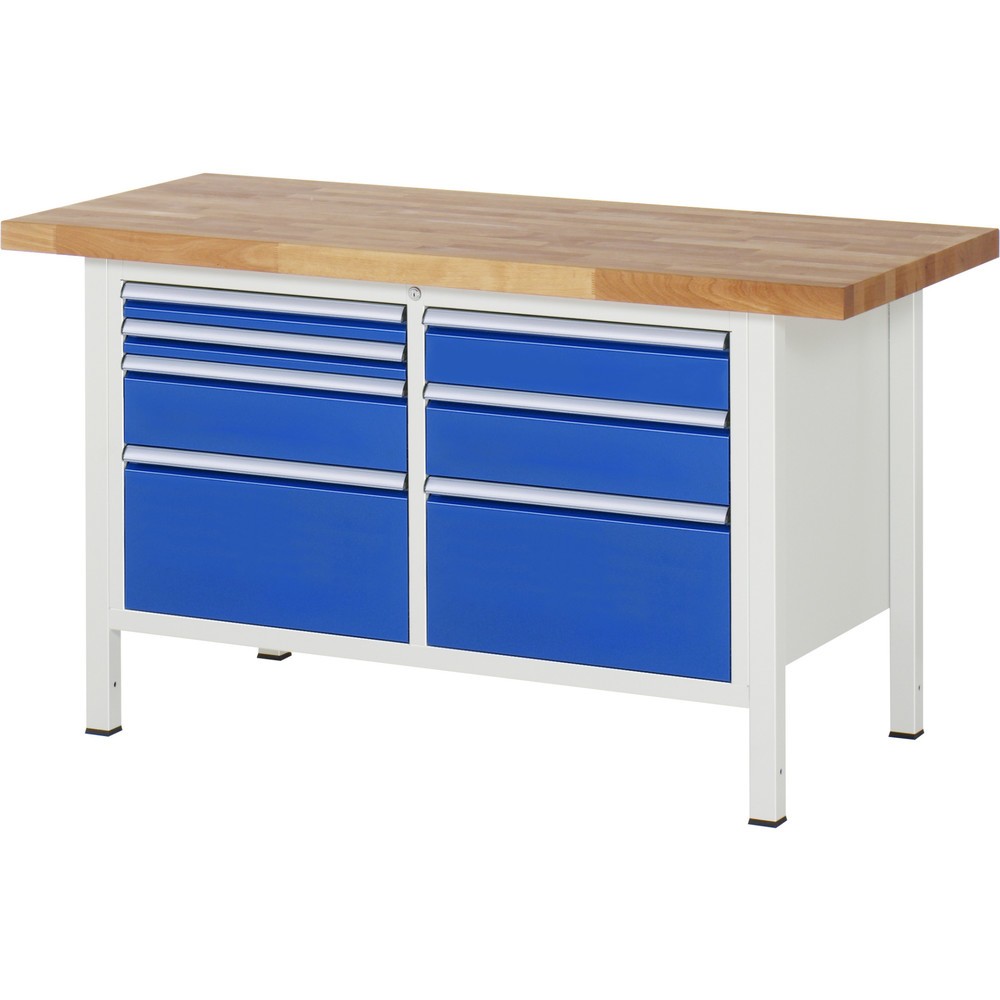 Immagine del prodotto: Banco da lavoro RAU serie 8000, 1 contenitore doppio, AxLxP 840 x 1.500 x 700 mm, 7 cassetti estraibili al 90%