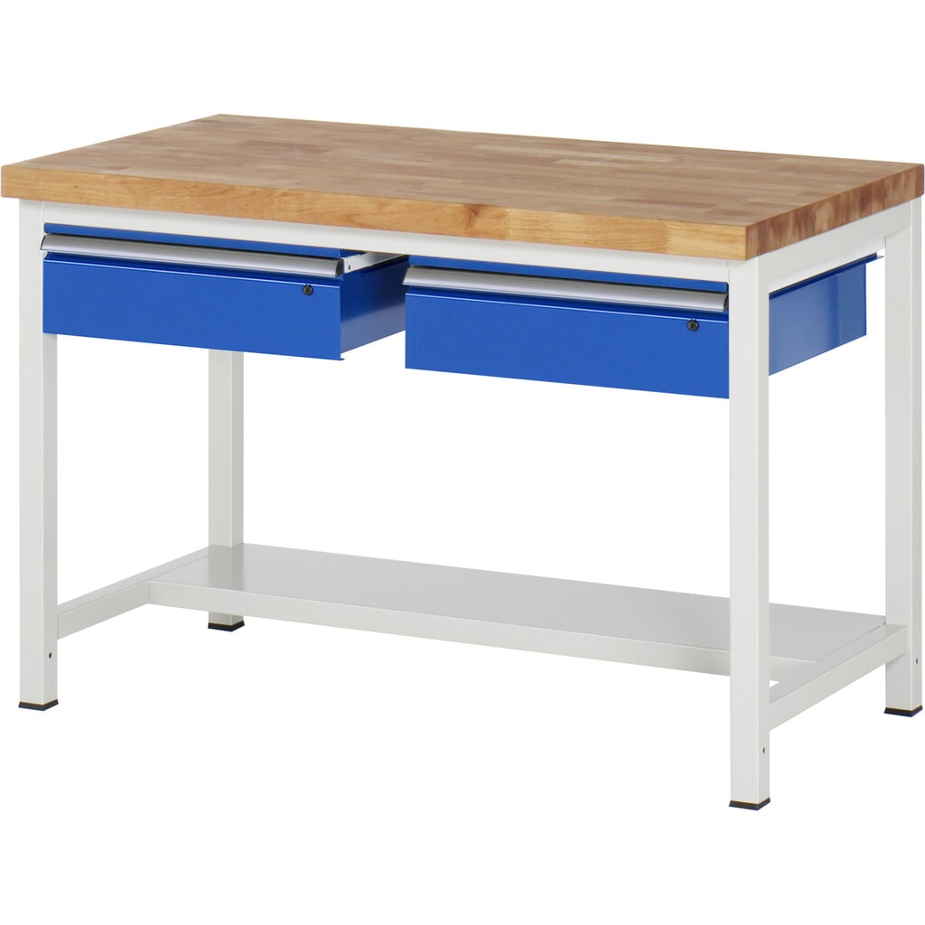 Immagine del prodotto: Banco da lavoro RAU serie 8000, AxLxP 840-1.040 x 1.250 x 700 mm, 2 cassetti, 1 piano di appoggio, profondità 320 mm