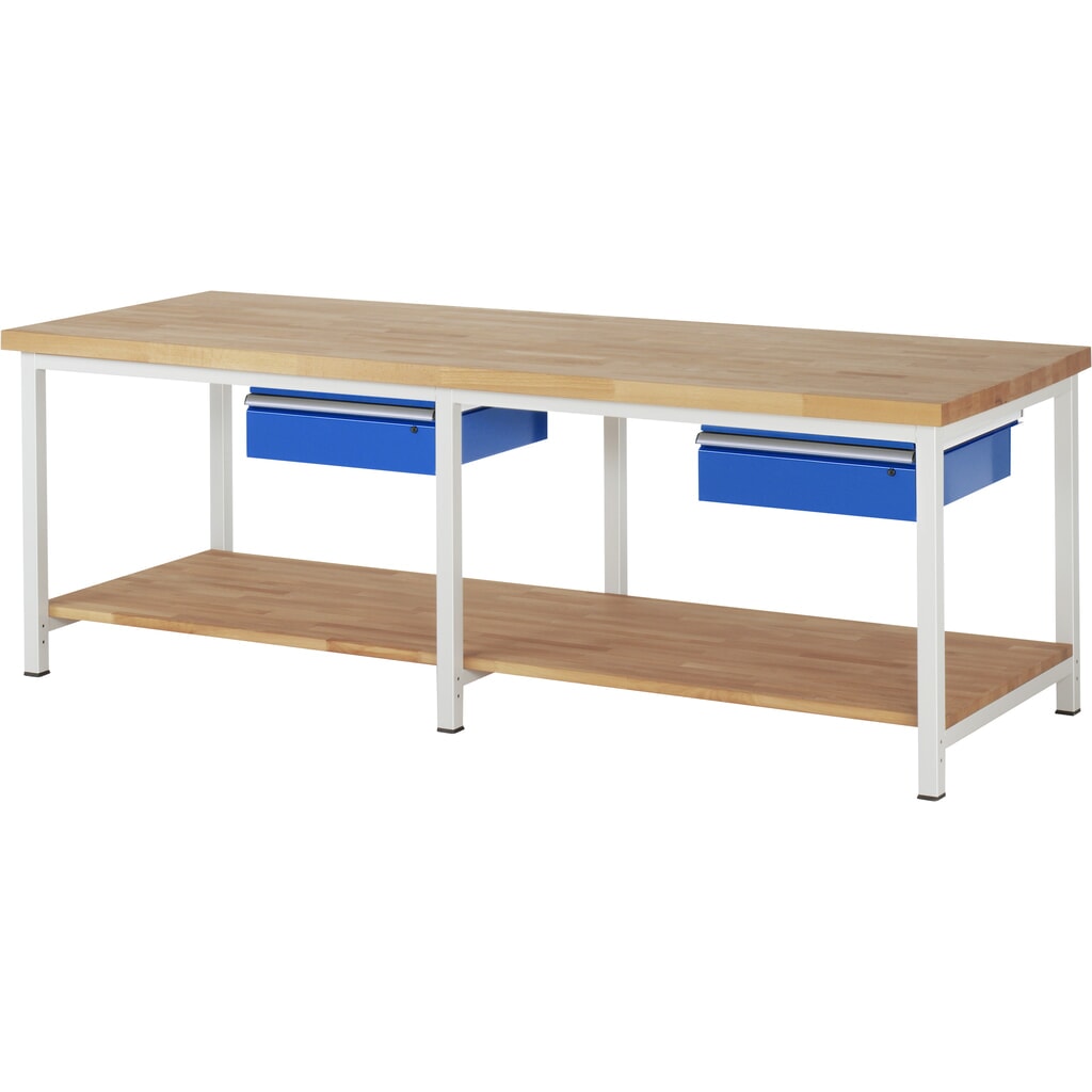 RAU Banco da lavoro Serie 8000, HxLxP 840-1.040 x 2.500 x 900 mm, 2 cassetti, piano di appoggio inferiore Immagine del prodotto: RAU Banco da lavoro Serie 8000, HxLxP 840-1.040 x 2.500 x 900 mm, 2 cassetti, piano di appoggio inferiore