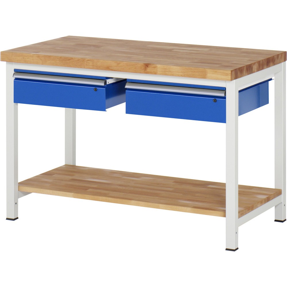 Immagine del prodotto n. 1: Banco da lavoro RAU serie 8000, AxLxP 840-1.040 x 1.250 x 700 mm, 2 cassetti, 1 piano di appoggio in faggio massiccio, profondità 557 mm