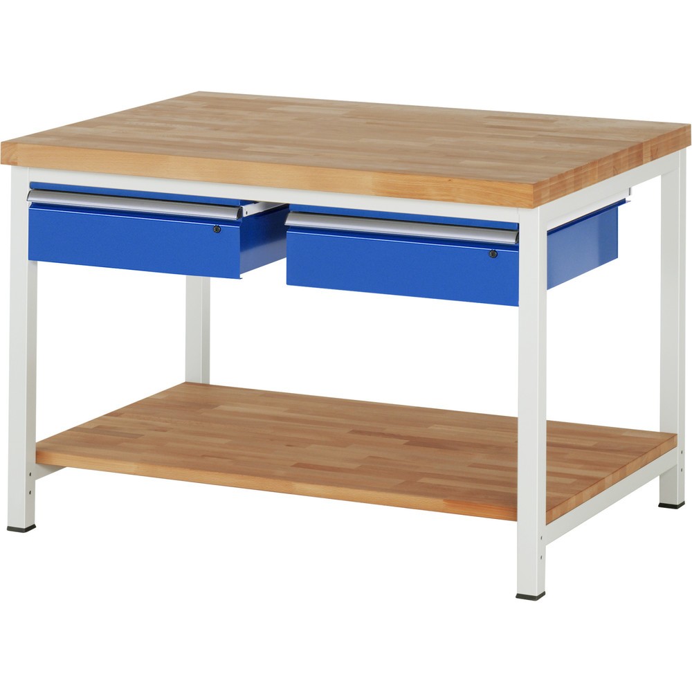 Immagine del prodotto: Banco da lavoro RAU serie 8000, AxLxP 840 x 1.250 x 900 mm, 2 cassetti, 1 piano di appoggio in faggio massiccio, profondità 757 mm