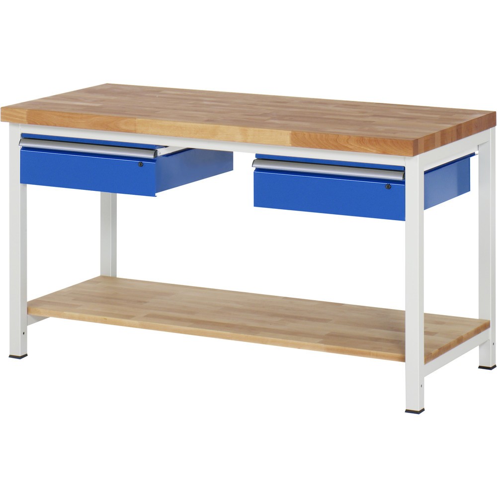 Immagine del prodotto: Banco da lavoro RAU serie 8000, AxLxP 840 x 1.500 x 700 mm, 2 cassetti, 1 piano di appoggio in faggio massiccio, profondità 557 mm