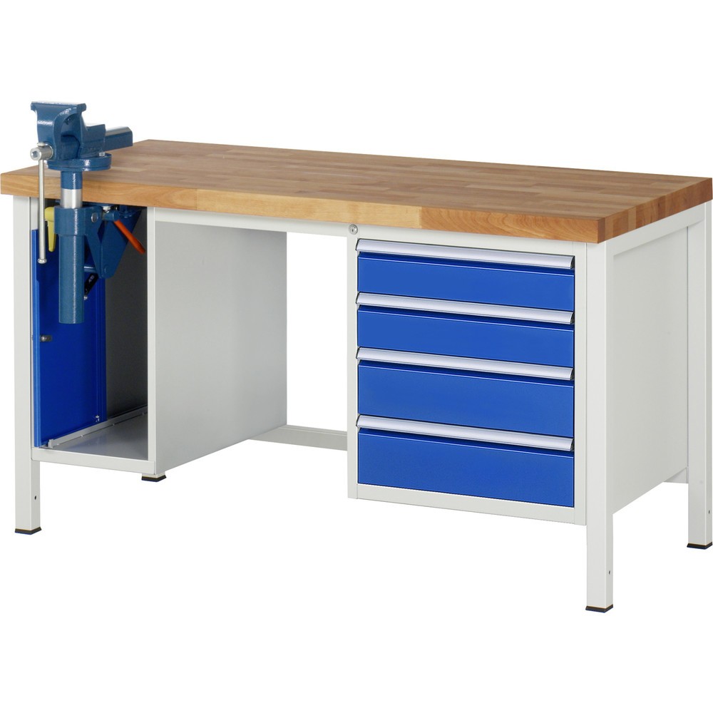 Immagine del prodotto: Banco da lavoro RAU serie 8000, 2 contenitori, AxLxP 840 x 1.500 x 700 mm, 4 cassetti estraibili al 90% 2 x 120, 2 x 150 mm, incl. morsa