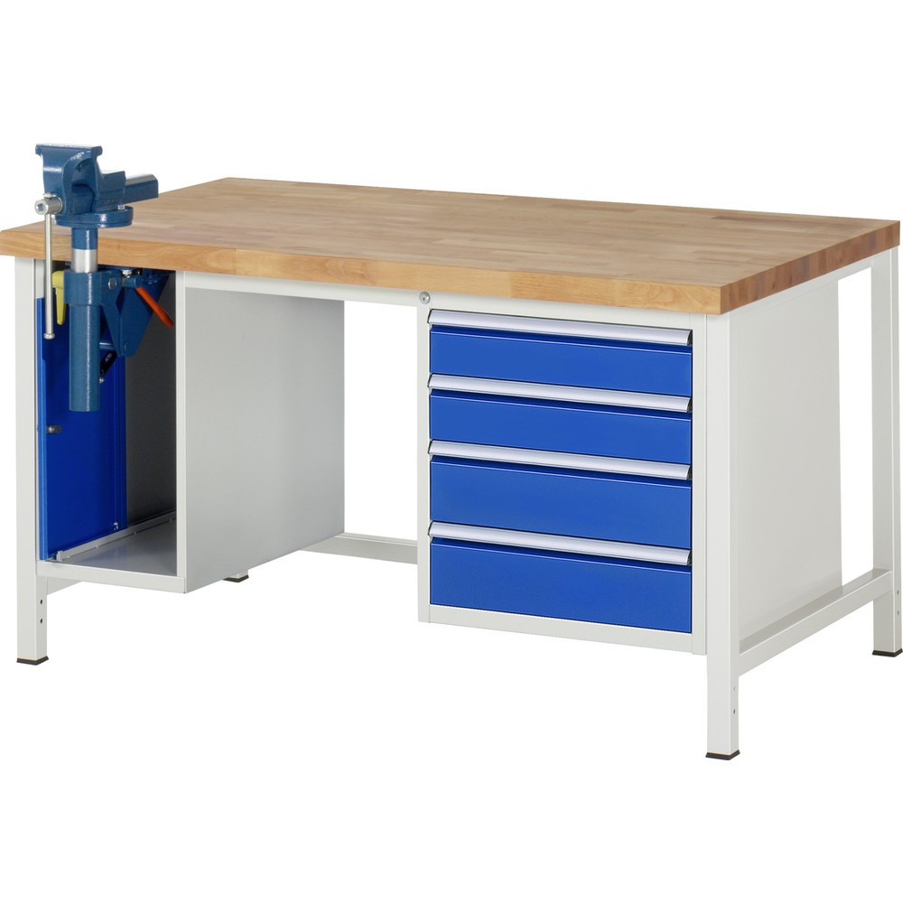 Immagine del prodotto n. 1: Banco da lavoro RAU serie 8000, 2 contenitori, AxLxP 840-1.040 x 1.500 x 900 mm, 4 cassetti estraibili al 90% 2 x 120, 2 x 150 mm, incl. morsa