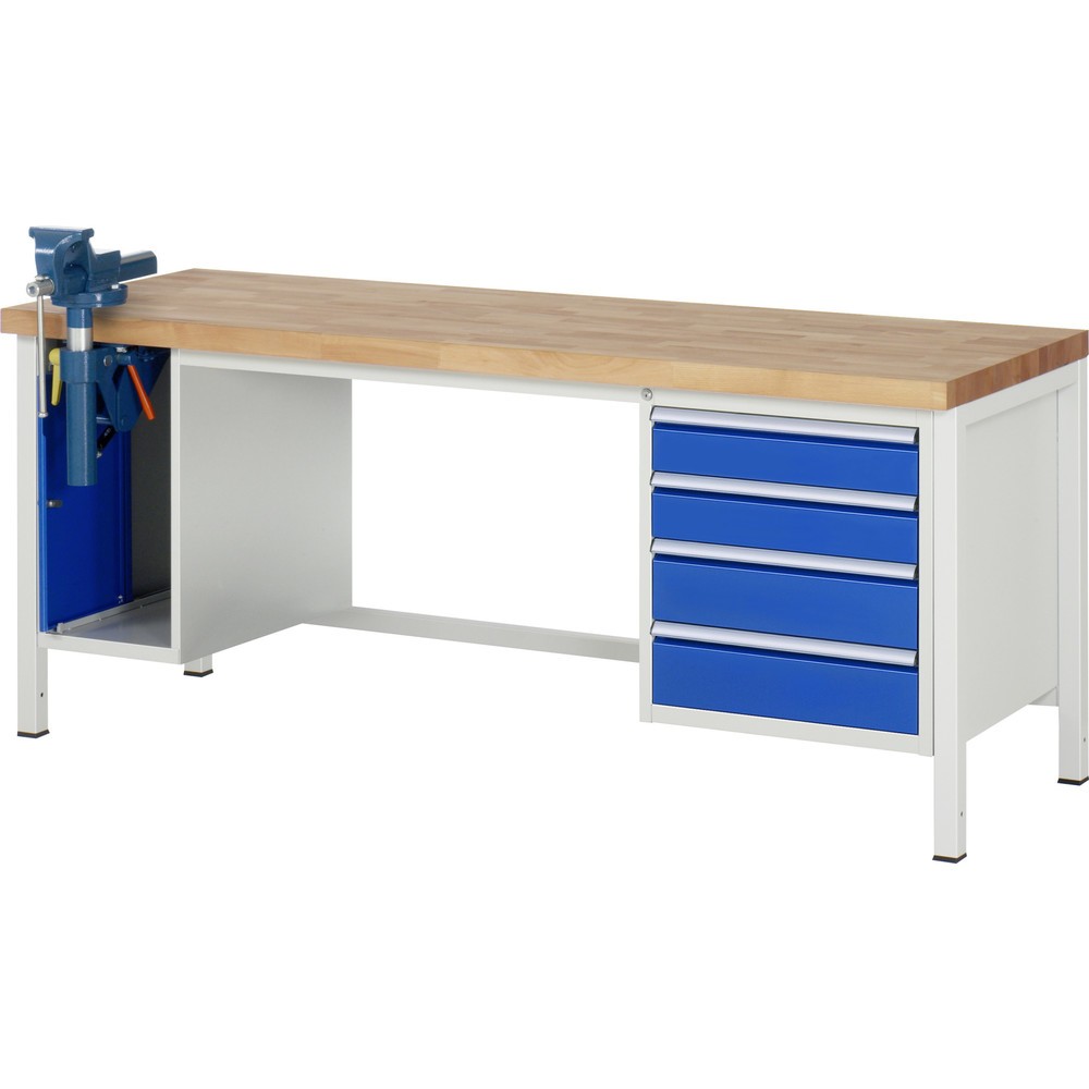 Immagine del prodotto n. 1: Banco da lavoro RAU serie 8000, 2 contenitori, AxLxP 840 x 2.000 x 700 mm, 4 cassetti estraibili al 90% 2 x 120, 2 x 150 mm, incl. morsa