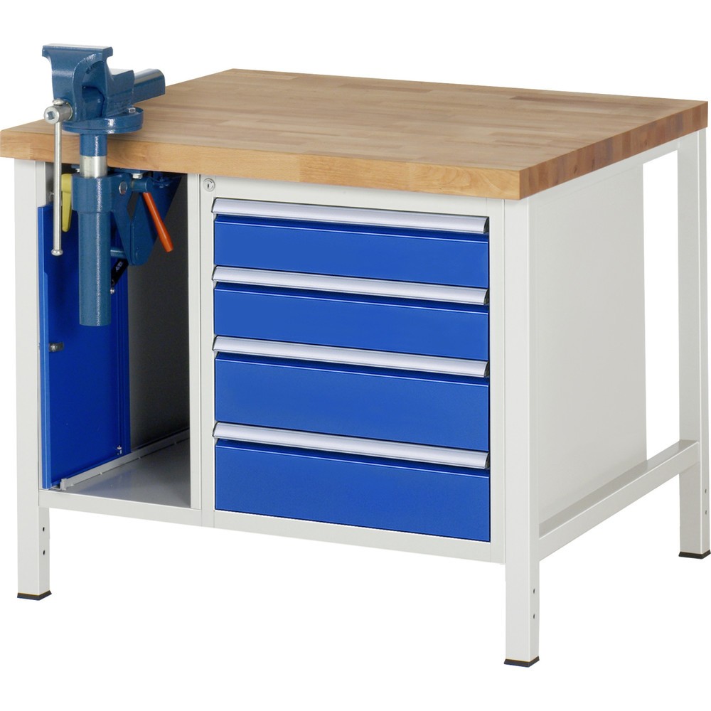 Immagine del prodotto n. 1: Banco da lavoro RAU serie 8000, 2 contenitori, HxLxP 840-1.040 x 1.000 x 900 mm, 4 cassetti estraibili al 100% 2 x 120, 2 x 150 mm, incl. morsa