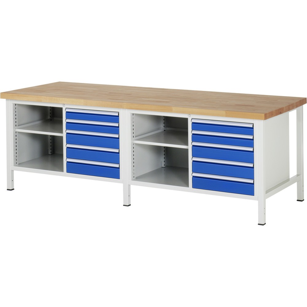 Immagine del prodotto: Banco da lavoro RAU serie 8000, 2 contenitori doppi, 1 ripiano, AxLxP 840-1.040 x 2.500 x 900 mm, 10 cassetti