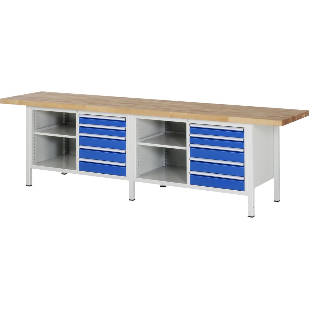 Immagine del prodotto n. 1: Banco da lavoro RAU serie 8000, 2 contenitori doppi, AxLxP 840 x 3.000 x 700 mm, 10 cassetti, 1 piano di appoggio, profondità 350 mm