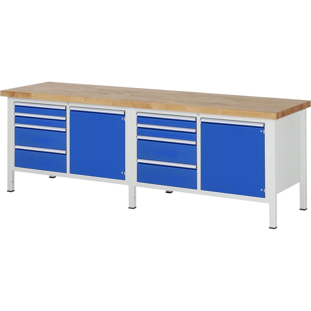 Immagine del prodotto n. 1: Banco da lavoro RAU serie 8000, 2 contenitori doppi, 2 ante battenti, AxLxP 840 x 2.500 x 700 mm, 8 cassetti
