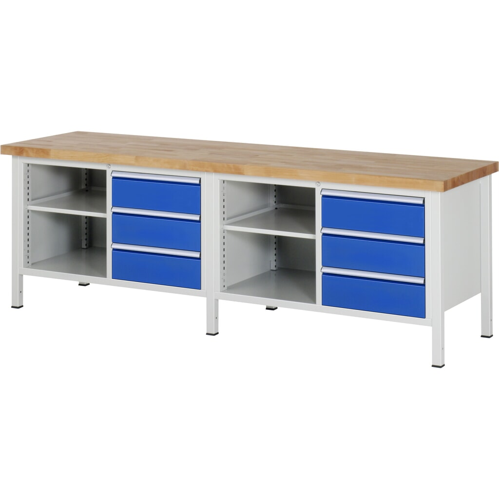 Immagine del prodotto n. 1: Banco da lavoro RAU serie 8000, 2 contenitori doppi, AxLxP 840-1.040 x 2.500 x 700 mm, 6 cassetti, 1 piano di appoggio, profondità 350 mm