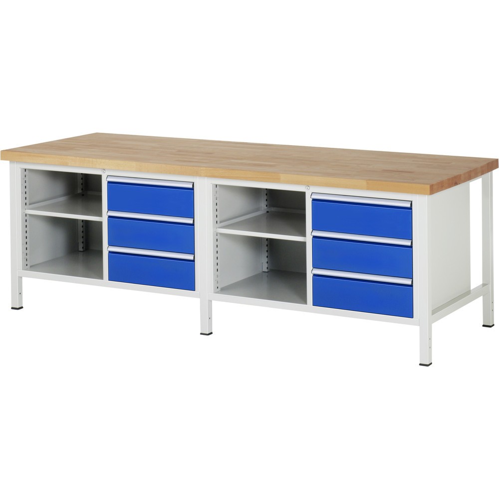 Immagine del prodotto n. 1: Banco da lavoro RAU serie 8000, 2 contenitori doppi, 1 ripiano, AxLxP 840 x 2.500 x 900 mm, 6 cassetti