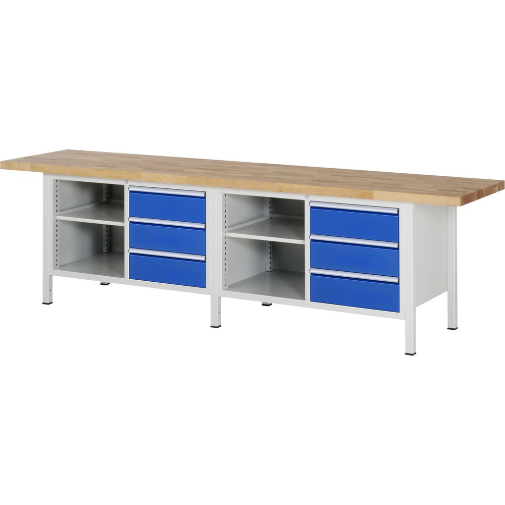 Immagine del prodotto: Banco da lavoro RAU serie 8000, 2 contenitori doppi, 1 ripiano, AxLxP 840-1.040 x 3.000 x 700 mm, 6 cassetti