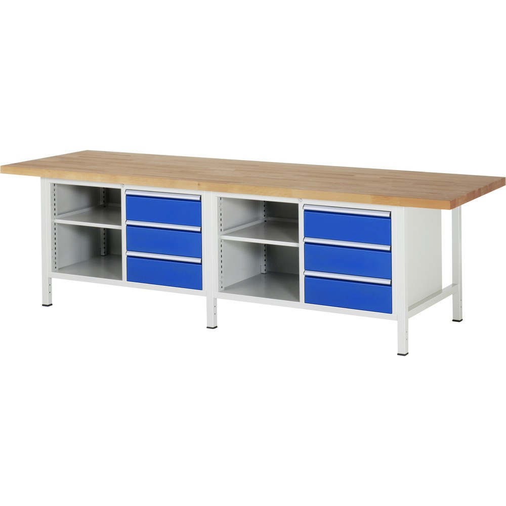 Immagine del prodotto: Banco da lavoro RAU serie 8000, 2 contenitori doppi, 1 ripiano, AxLxP 840-1.040 x 3.000 x 900 mm, 6 cassetti