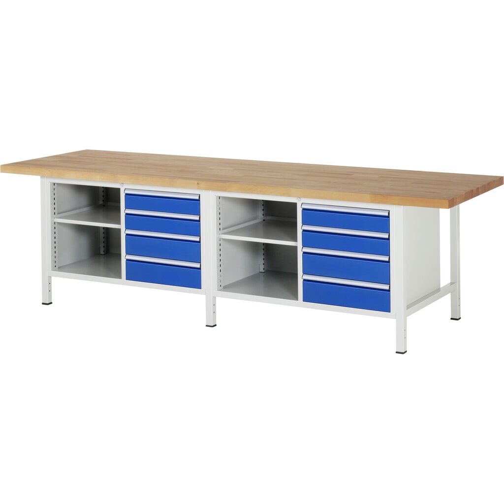 RAU Banco da lavoro Serie 8000, HxLxP 840-1.040 x 3.000 x 900 mm, 2 contenitori doppi nella base, ciascuno con 4 cassetti Immagine del prodotto: RAU Banco da lavoro Serie 8000, HxLxP 840-1.040 x 3.000 x 900 mm, 2 contenitori doppi nella base, ciascuno con 4 cassetti