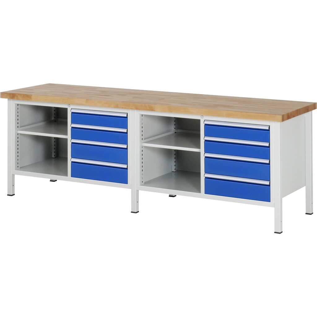 Immagine del prodotto: RAU Banco da lavoro Serie 8000, HxLxP 840-1.040 x 2.500 x 700 mm, 2 contenitori doppi nella base, ciascuno con 4 cassetti