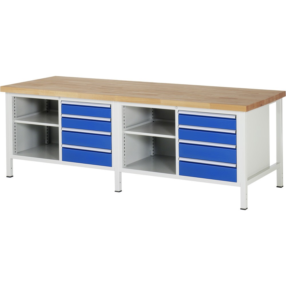 Immagine del prodotto: RAU Banco da lavoro Serie 8000, HxLxP 840-1.040 x 2.500 x 900 mm, 2 contenitori doppi nella base, ciascuno con 4 cassetti