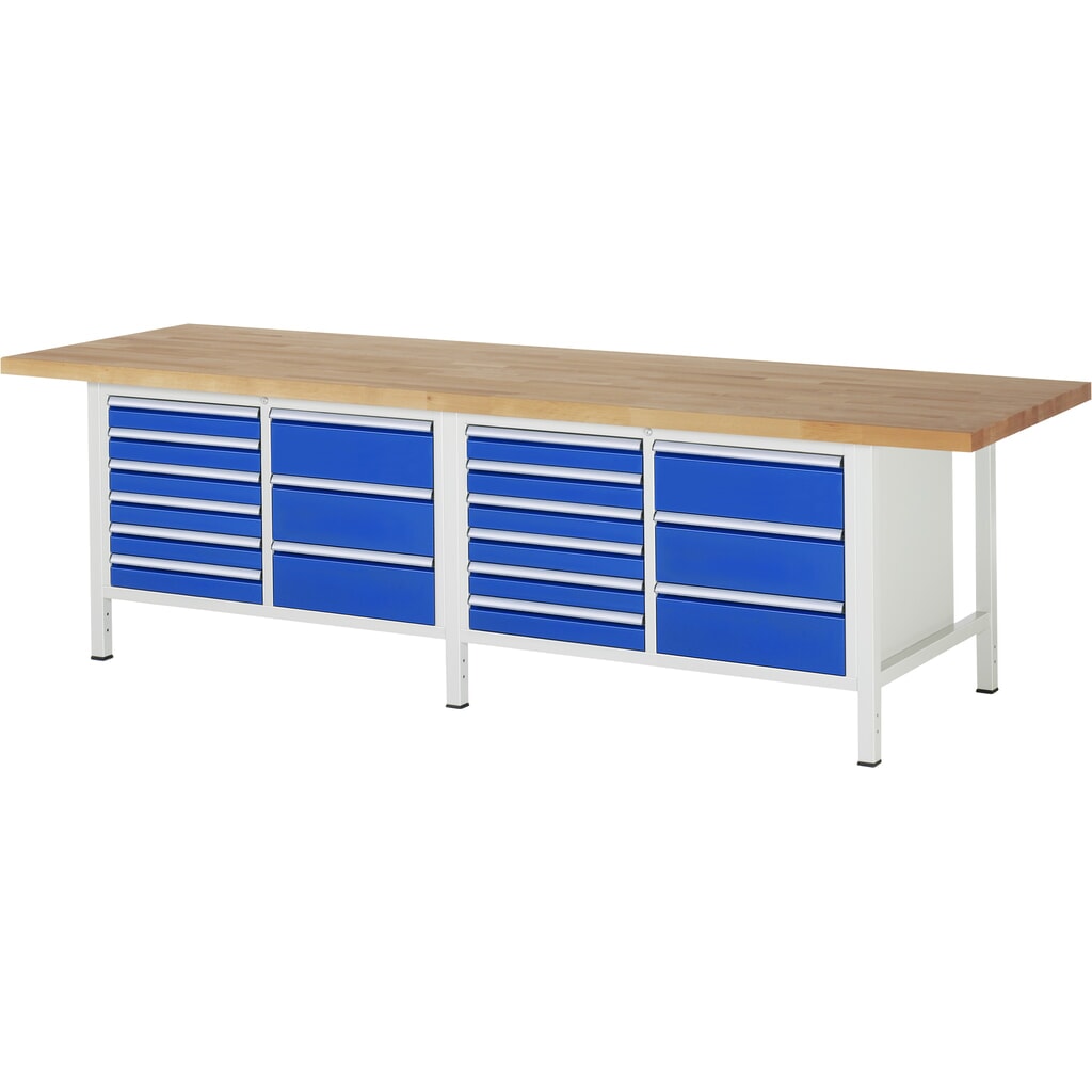RAU Banco da lavoro Serie 8000, HxLxP 840-1.040 x 3.000 x 900 mm, 2 contenitori doppi nella base, ciascuno con 9 cassetti Immagine del prodotto: RAU Banco da lavoro Serie 8000, HxLxP 840-1.040 x 3.000 x 900 mm, 2 contenitori doppi nella base, ciascuno con 9 cassetti