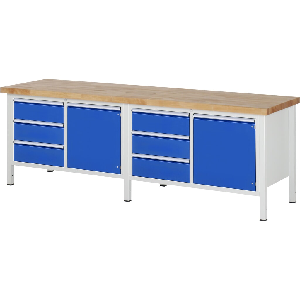 RAU Banco da lavoro Serie 8000, HxLxP 840-1.040 x 2.500 x 700 mm, 2 contenitori doppi nella base, con 3 cassetti e 1 anta battente Immagine del prodotto n. 1: RAU Banco da lavoro Serie 8000, HxLxP 840-1.040 x 2.500 x 700 mm, 2 contenitori doppi nella base, con 3 cassetti e 1 anta battente