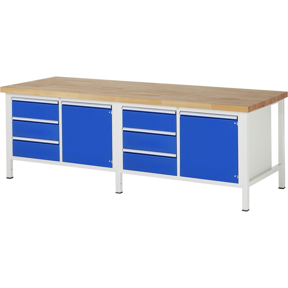 Immagine del prodotto: RAU Banco da lavoro Serie 8000, HxLxP 840-1.040 x 2.500 x 900 mm, 2 contenitori doppi nella base, con 3 cassetti e 1 anta battente