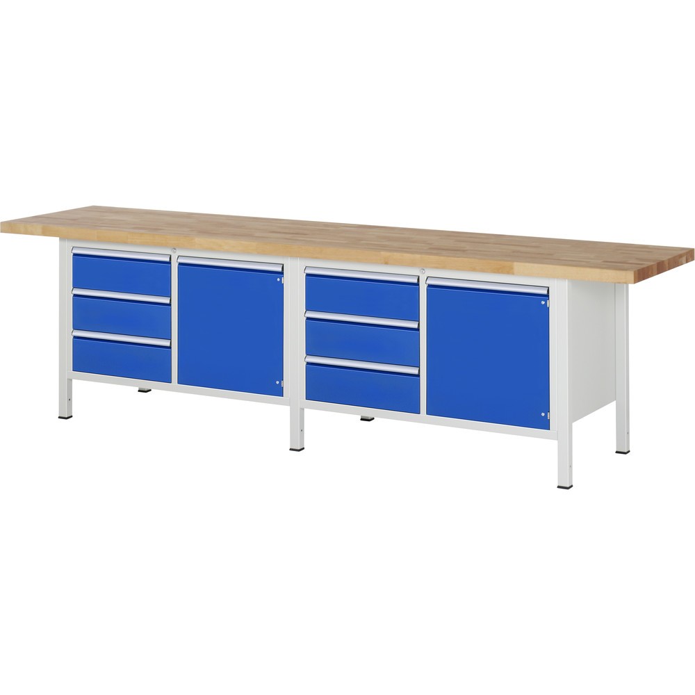 Immagine del prodotto: RAU Banco da lavoro Serie 8000, HxLxP 840-1.040 x 3.000 x 700 mm, 2 contenitori doppi nella base, con 3 cassetti e 1 anta battente