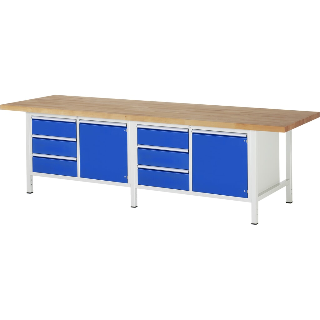 Immagine del prodotto: RAU Banco da lavoro Serie 8000, HxLxP 840-1.040 x 3.000 x 900 mm, 2 contenitori doppi nella base, con 3 cassetti e 1 anta battente