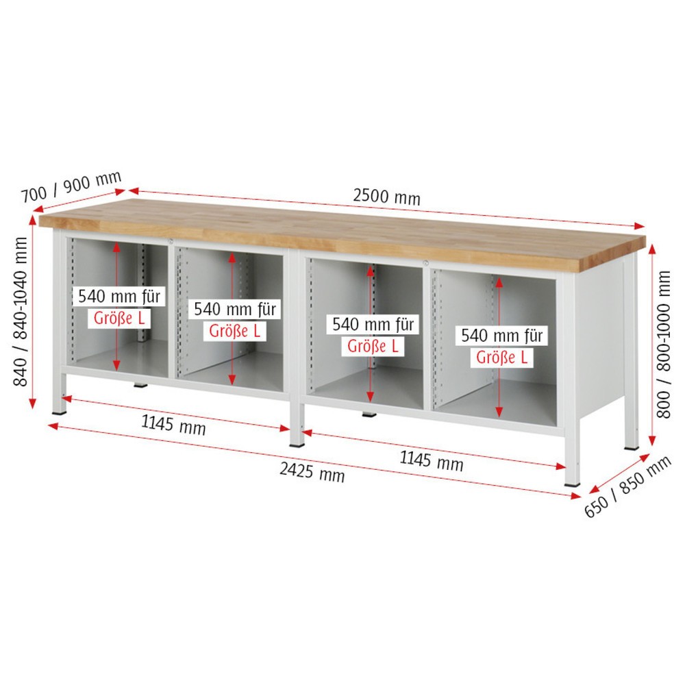 Immagine del prodotto n. 4: Banco da lavoro RAU serie 8000, 2 contenitori doppi, AxLxP 840 x 2.500 x 700 mm, 10 cassetti, 1 piano di appoggio, profondità 350 mm