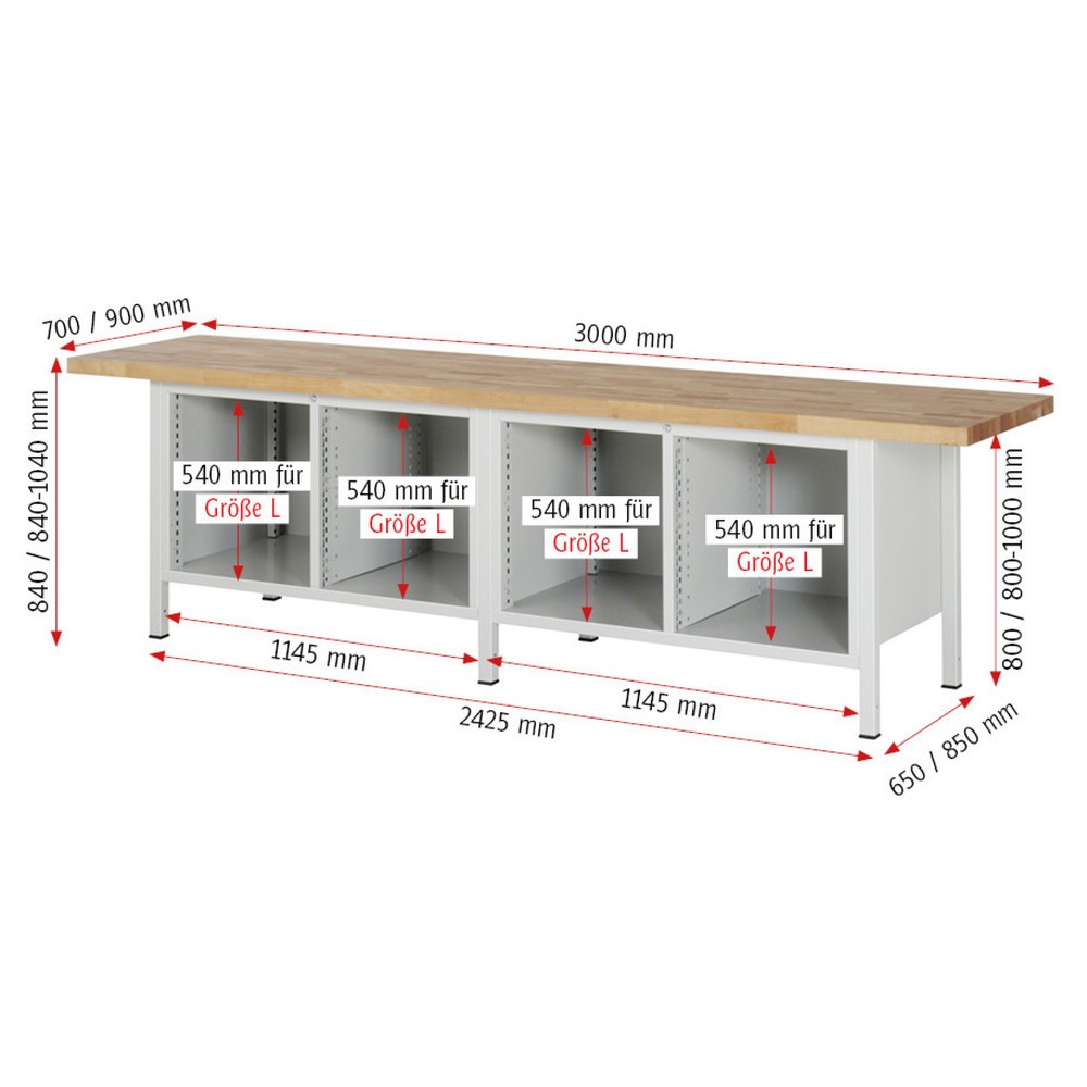 Immagine del prodotto n. 4: Banco da lavoro RAU serie 8000, 2 contenitori doppi, 4 ante battenti, AxLxP 840 x 3.000 x 900 mm