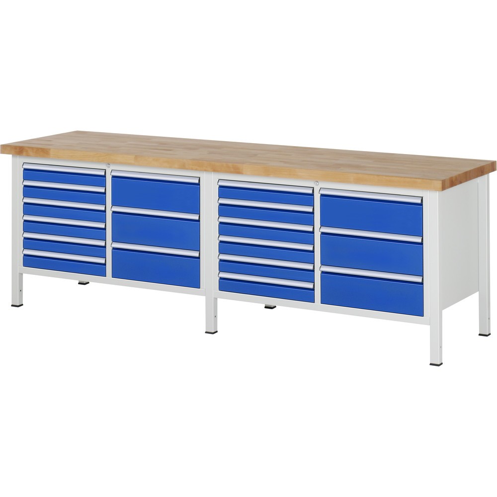 Immagine del prodotto: RAU Banco da lavoro Serie 8000, HxLxP 840-1.040 x 2.500 x 700 mm, 2 contenitori doppi nella base, ciascuno con 9 cassetti