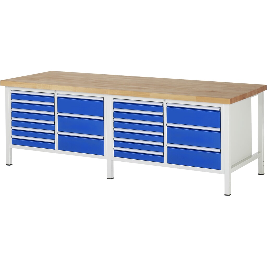 RAU Banco da lavoro Serie 8000, HxLxP 840-1.040 x 2.500 x 900 mm, 2 contenitori doppi nella base, ciascuno con 9 cassetti Immagine del prodotto: RAU Banco da lavoro Serie 8000, HxLxP 840-1.040 x 2.500 x 900 mm, 2 contenitori doppi nella base, ciascuno con 9 cassetti