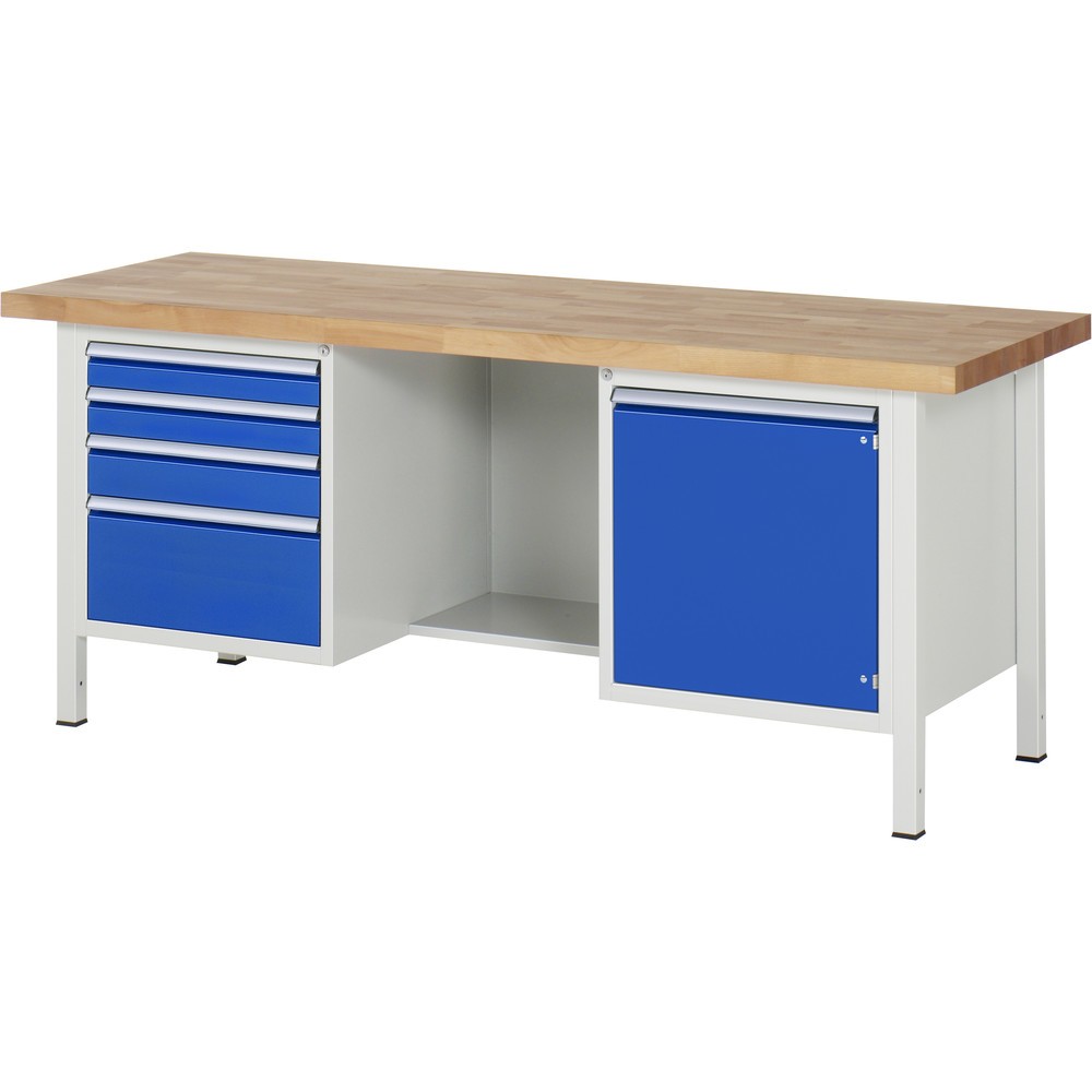 Immagine del prodotto: RAU Banco da lavoro Serie 8000, HxLxP 840-1.040 x 2.000 x 700 mm, 2 contenitori nella base, con 4 cassetti e 1 anta battente