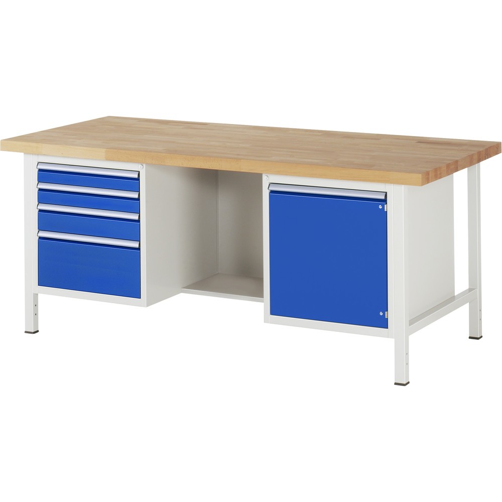 Immagine del prodotto: RAU Banco da lavoro Serie 8000, HxLxP 840-1.040 x 2.000 x 900 mm, 2 contenitori nella base, con 4 cassetti e 1 anta battente