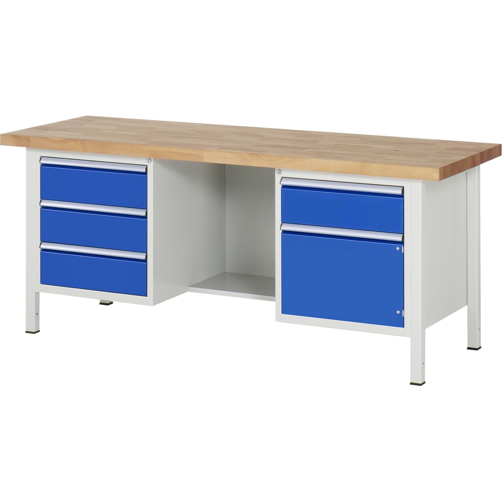 Immagine del prodotto: Banco da lavoro RAU serie 8000, 2 contenitori, 1 anta battente, AxLxP 840-1.040 x 2.000 x 700 mm, 4 cassetti estraibili al 90%