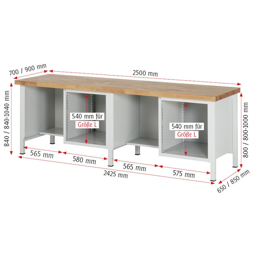 Immagine del prodotto n. 4: Banco da lavoro RAU serie 8000, 2 contenitori, AxLxP 840 x 2.500 x 700 mm, 8 cassetti estraibili al 90%