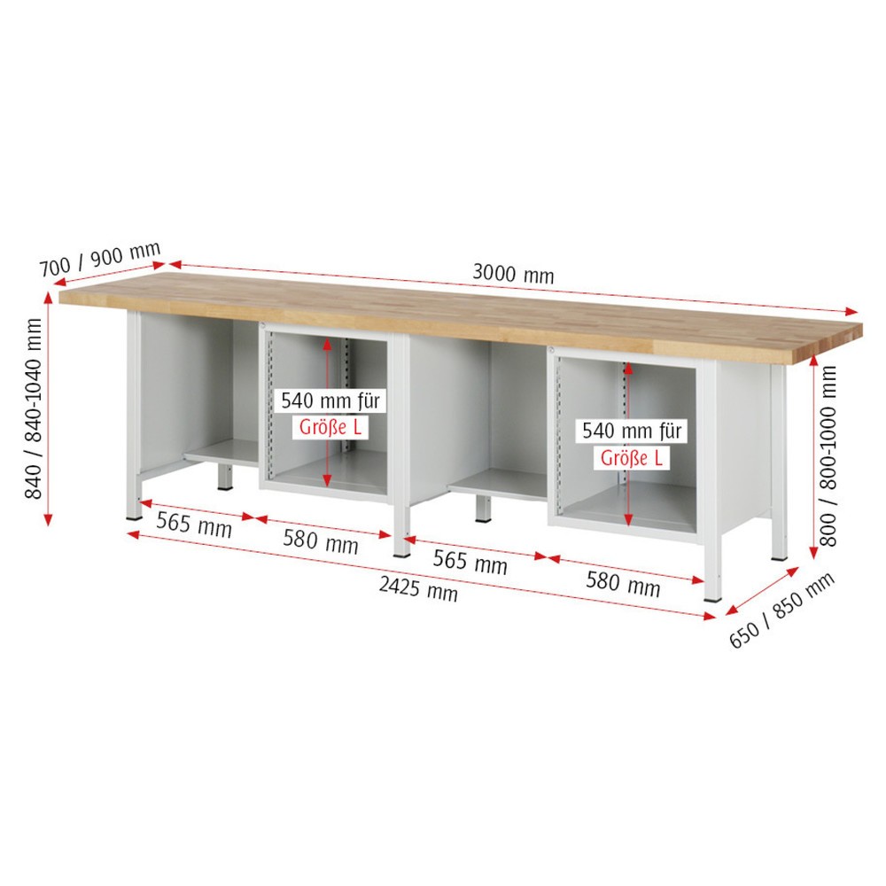 Immagine del prodotto n. 4: Banco da lavoro RAU serie 8000, 2 contenitori, AxLxP 840-1.040 x 3.000 x 700 mm, 8 cassetti estraibili al 100%