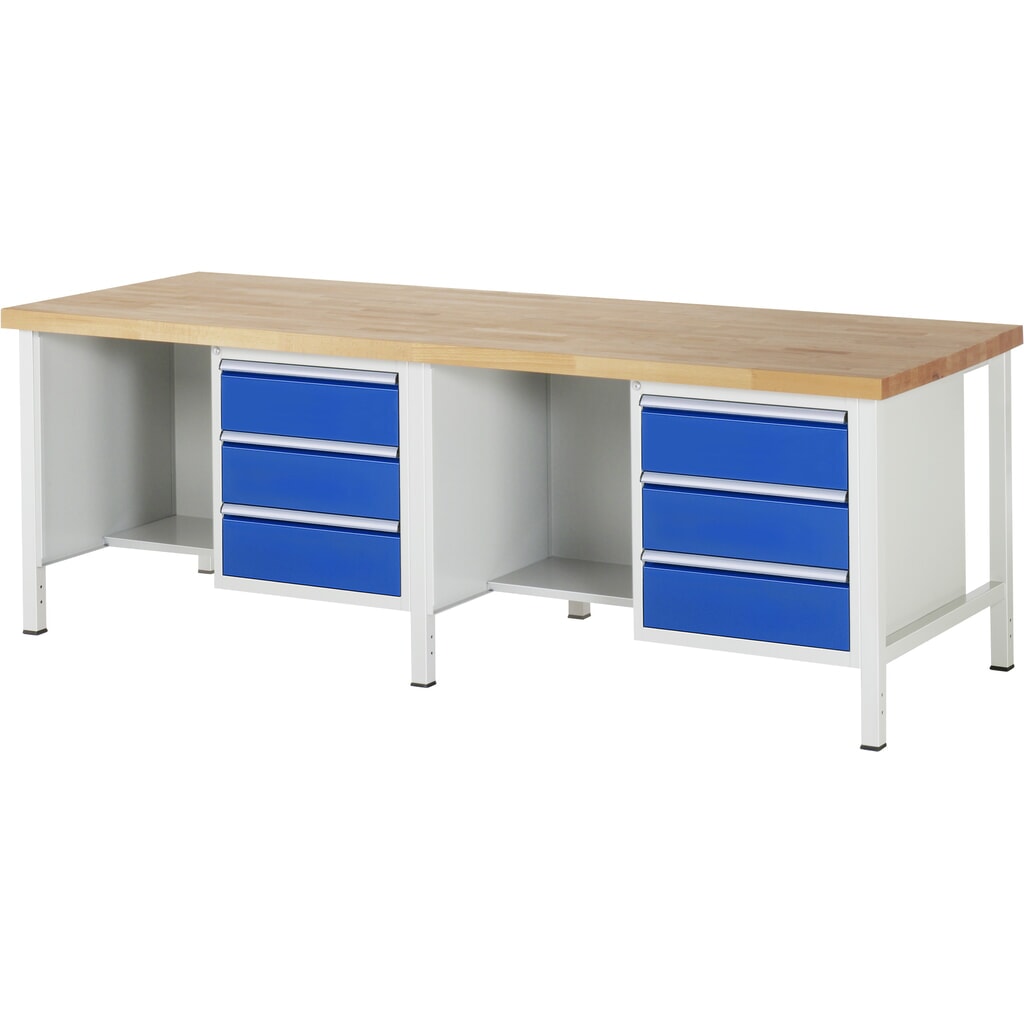 Immagine del prodotto: RAU Banco da lavoro Serie 8000, HxLxP 840-1.040 x 2.500 x 900 mm, 2 contenitori nella base e vano portaoggetti, ciascuno con 3 cassetti