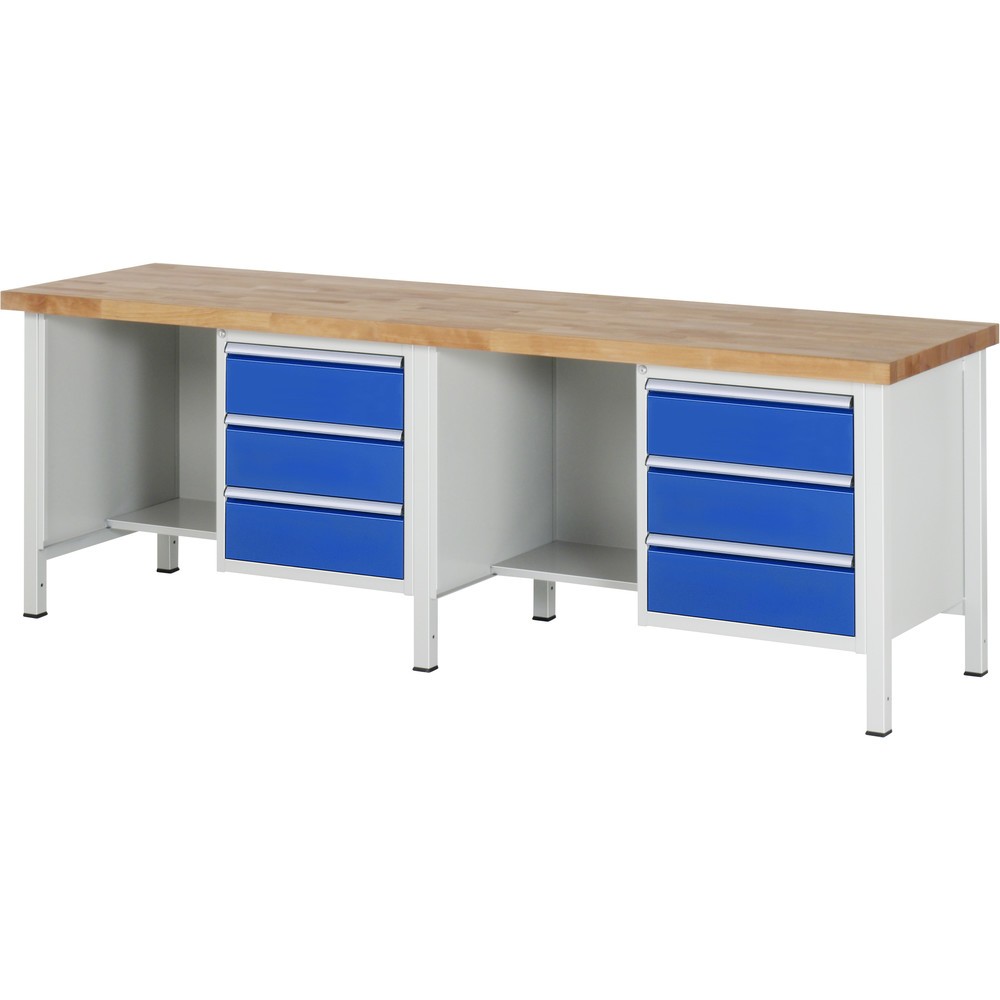 Immagine del prodotto: RAU Banco da lavoro Serie 8000, HxLxP 840-1.040 x 2.500 x 700 mm, 2 contenitori nella base e vano portaoggetti, ciascuno con 3 cassetti