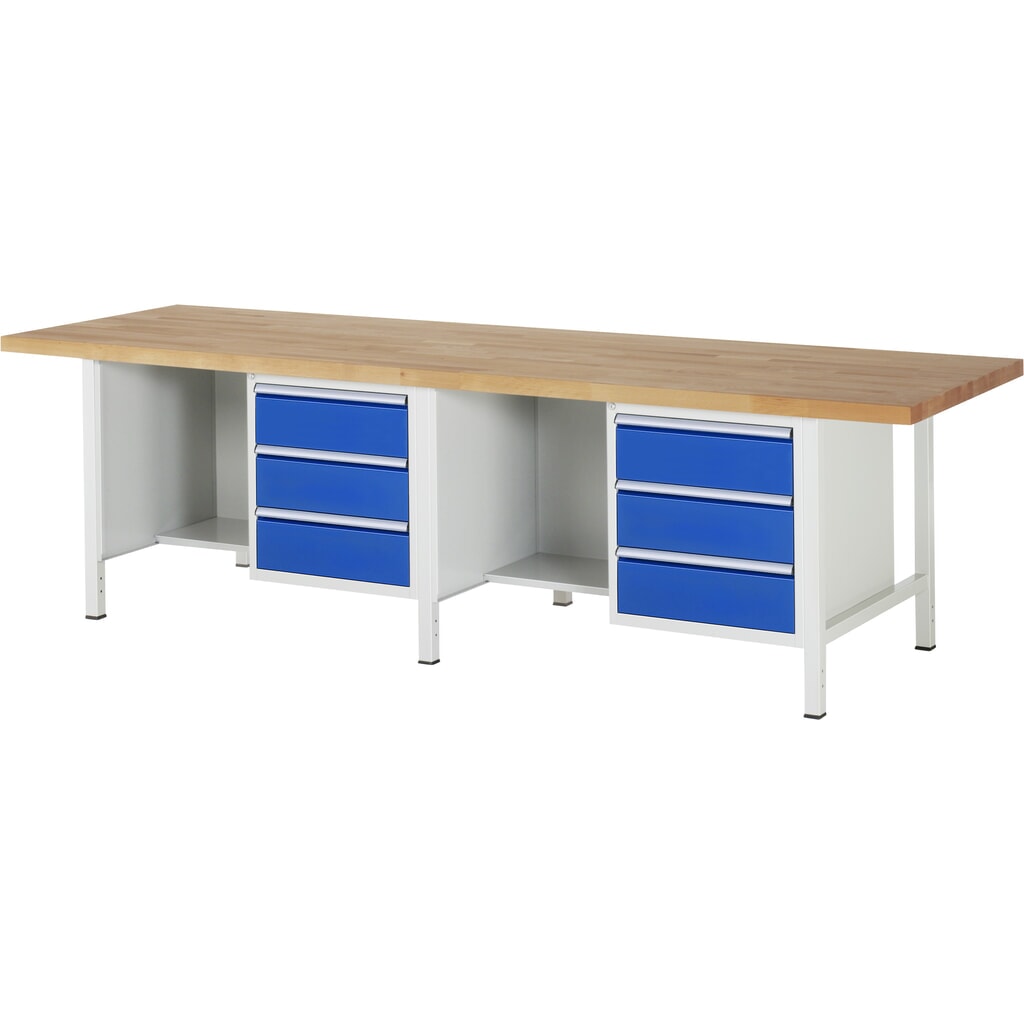 Immagine del prodotto: RAU Banco da lavoro Serie 8000, HxLxP 840-1.040 x 3.000 x 900 mm, 2 contenitori nella base e vano portaoggetti, ciascuno con 3 cassetti
