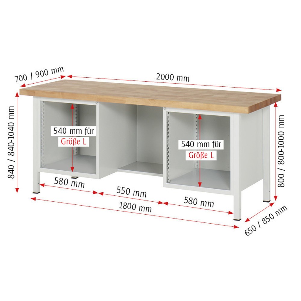 Immagine del prodotto n. 7: Banco da lavoro RAU serie 8000, 2 contenitori, AxLxP 840-1.040 x 2.000 x 700 mm, 6 cassetti estraibili al 90%